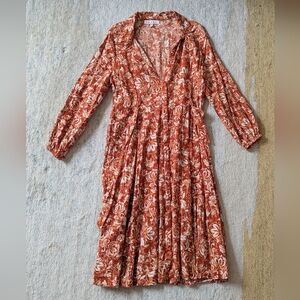 Vintage Floral Rust Belted Midi Dress